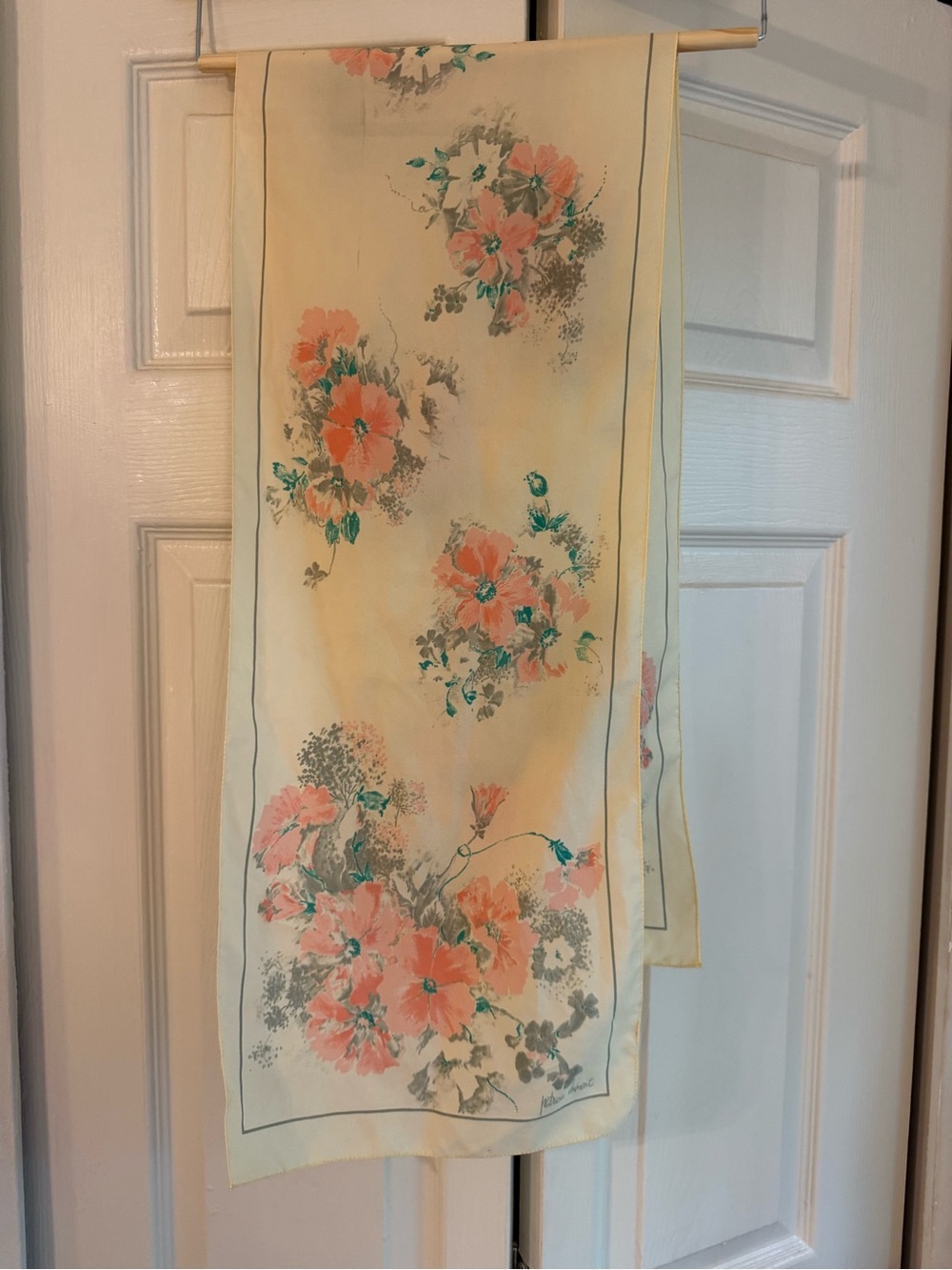 Vintage Floral Cream Scarf with Coral Pink Blooms Patricia Dumont